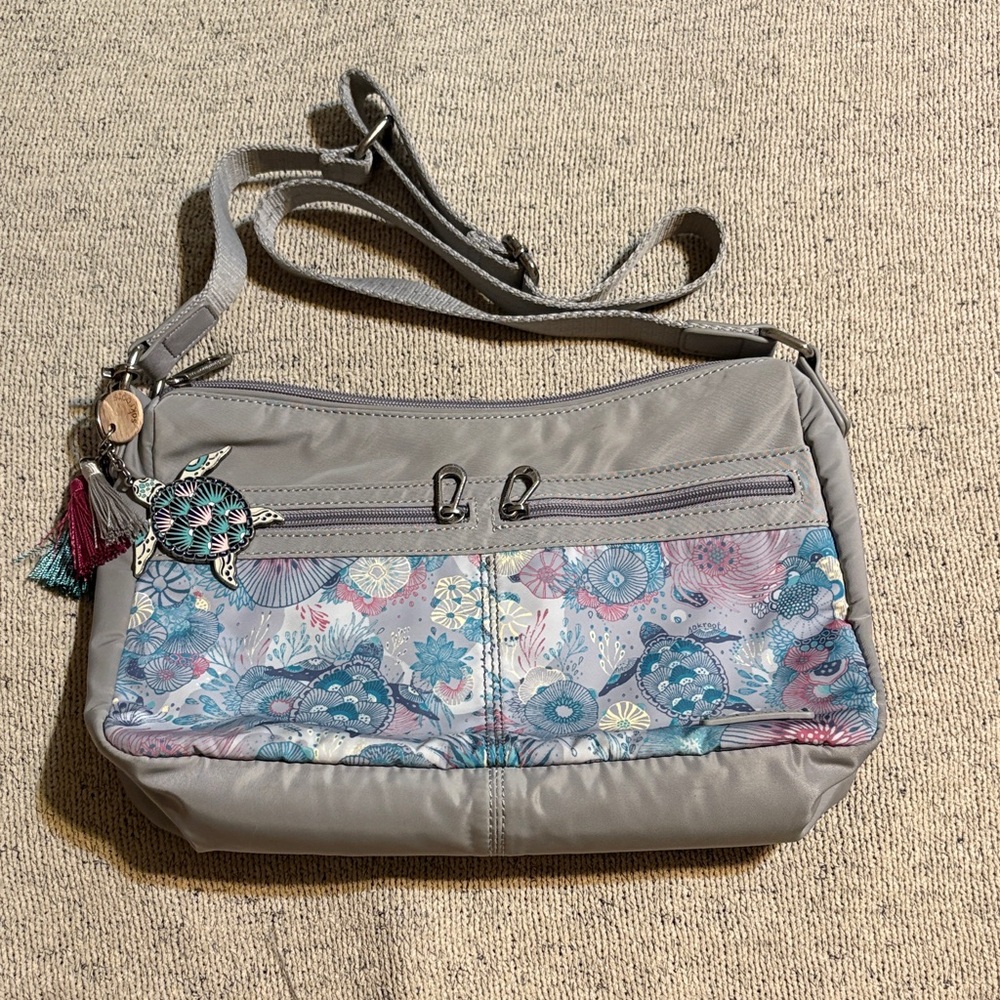 Sakroots Gray and Blue Floral Crossbody Bag